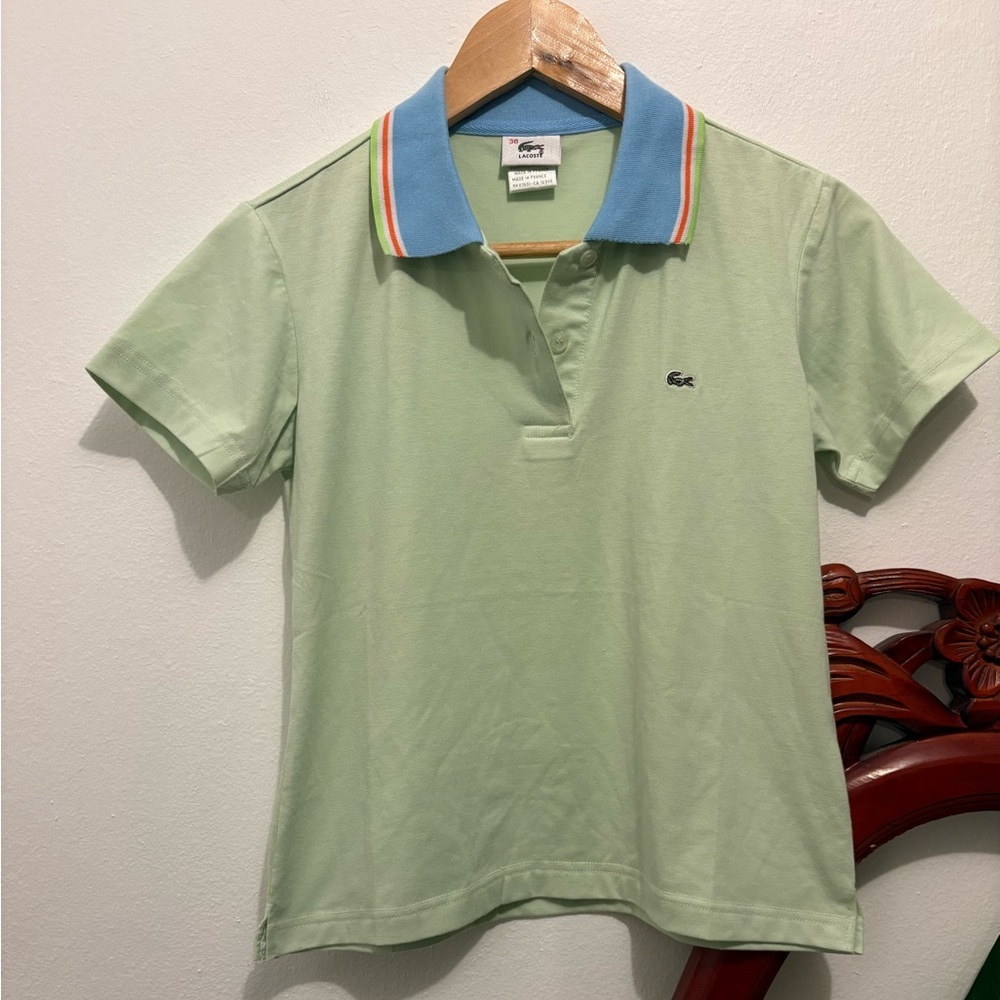 Women’s Lacoste Light Green Preppy Polo with Blue and Pink Striped Collar
